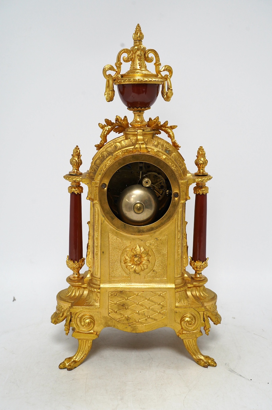 A 19th century French gilt spelter and porcelain mantel clock with pendulum, no key, 42cm. Condition - good, not tested as working